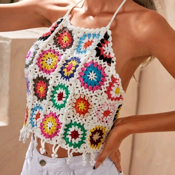 Crochet Geo Pattern Cover Up Top - Picture 1 of 6